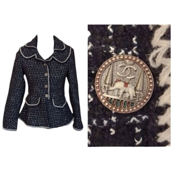 Tweed Wool Jacket CC buttons fitted ruffle neck designer blazer size S - Picture 1 of 13